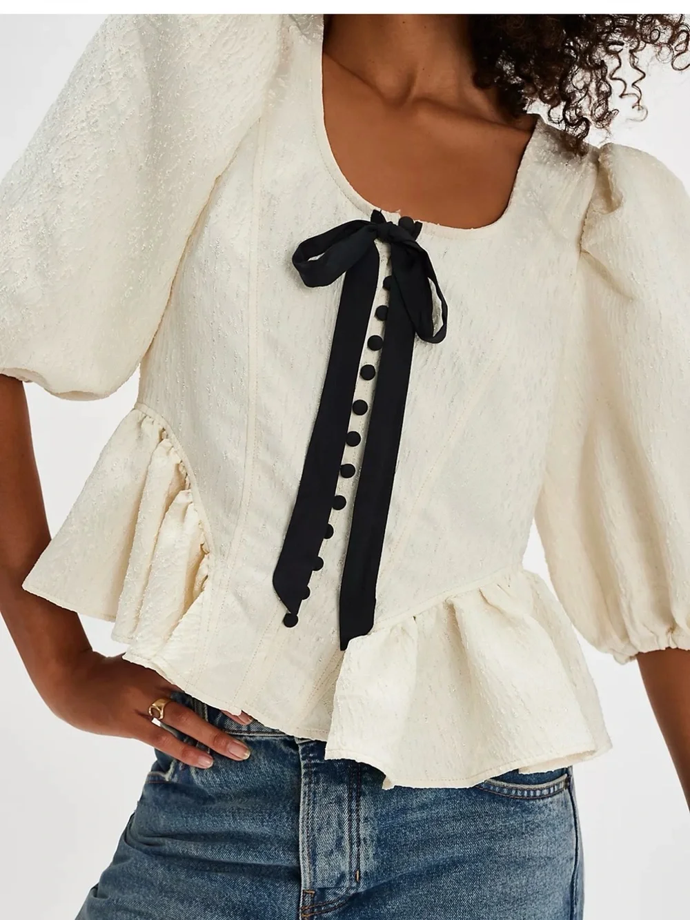 Free People Pamela Bow Top White Alyssum Black Bow
